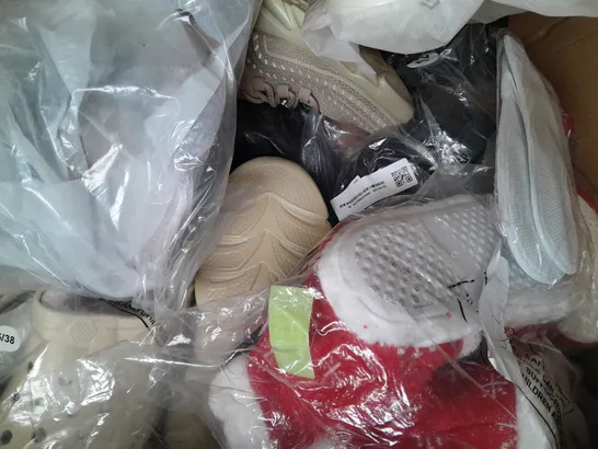 BOX OF APPROXIMATELY 15 ASSORTED PAIRS OF SHOES AND FOOTWEAR ITEMS IN VARIOUS COLOURS, STYLES, AND SIZES - COLLECTION ONLY