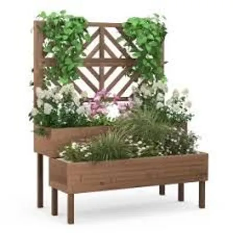 BOXED COSTWAY 2-TIER RAISED GARDEN BED WITH TRELLIS AND DRAINAGE HOLE - BROWN