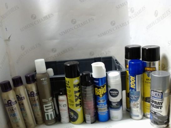 LOT OF ASSORTED ITEMS TO INCLUDE; FOAM CONDITIONER, CARPET CLEANER, FLY SPRAY ETC