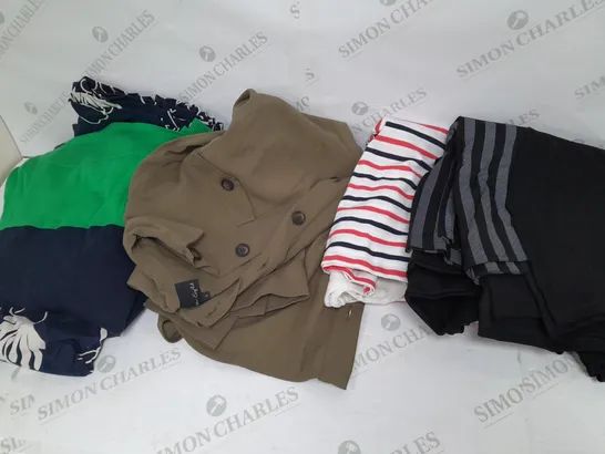 LARGE BOX OF ASSORTED CLOTHING ITEMS TOO INCLUDE TOPS , TROUSERS AND JUMPERS COMING IN DIFFERENT COLOURS AND SIZES 