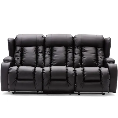 BOXED MANUAL 3 SEATER LEATHER RECLINER SOFA - BLACK (1 BOX)