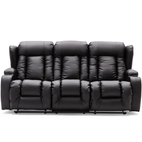 BOXED MANUAL 3 SEATER LEATHER RECLINER SOFA - BLACK (1 BOX)