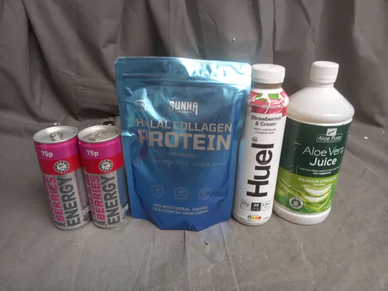 APPROXIMATELY 5 ASSORTED FOOD AND DRINK ITEMS TO INCLUDE ENERGY DRINKS, PROTEIN AND ALOE VERA - COLLECTION ONLY