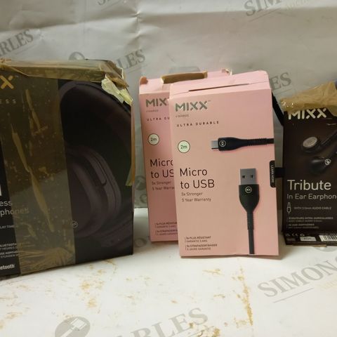 LOT OF 4 ASSORTED MIXX ITEMS TO INCLUDE WIRELESS HEADPHONES, USB CABLE, IN-EAR EARPHONES 