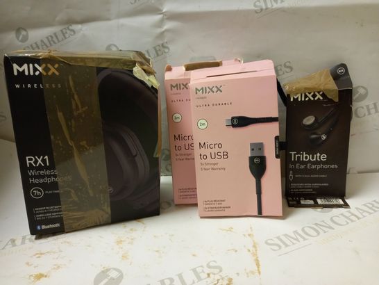 LOT OF 4 ASSORTED MIXX ITEMS TO INCLUDE WIRELESS HEADPHONES, USB CABLE, IN-EAR EARPHONES 
