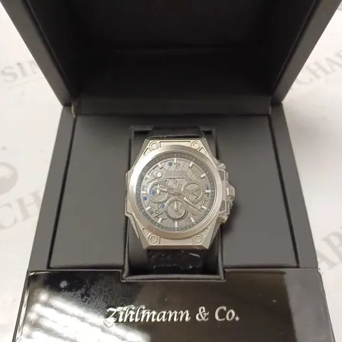 ZIHLMANN & CO GREY TRIPLE DIAL BLACK LEATHER STRAP WATCH