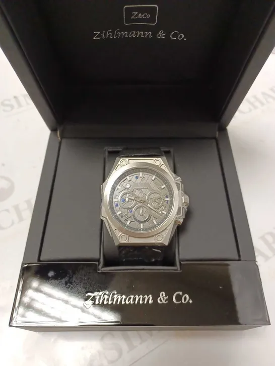 ZIHLMANN & CO GREY TRIPLE DIAL BLACK LEATHER STRAP WATCH