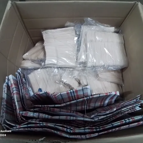 BOX CONTAINING LARGE NUMBER OF REUSABLE SHOPPING BAGS AND WOODEN DISPOSABLE FORKS