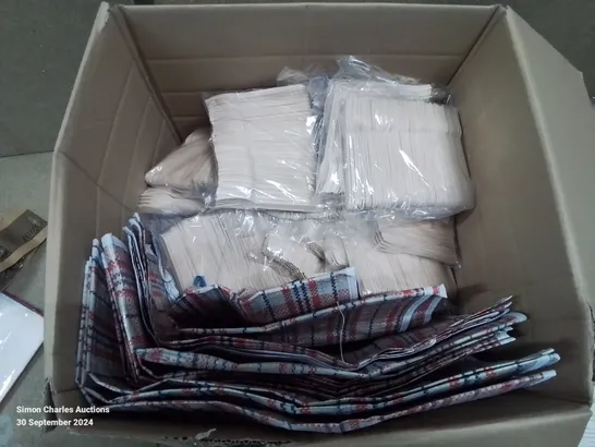 BOX CONTAINING LARGE NUMBER OF REUSABLE SHOPPING BAGS AND WOODEN DISPOSABLE FORKS