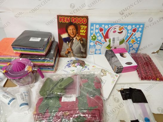 BOX OF APPROX 15 ASSORTED ITEMS TO INCLUDE KEN DODD BOOK, CHRISTMAS DECORATIONS, AQUARIUM WATER TEST STRIPS