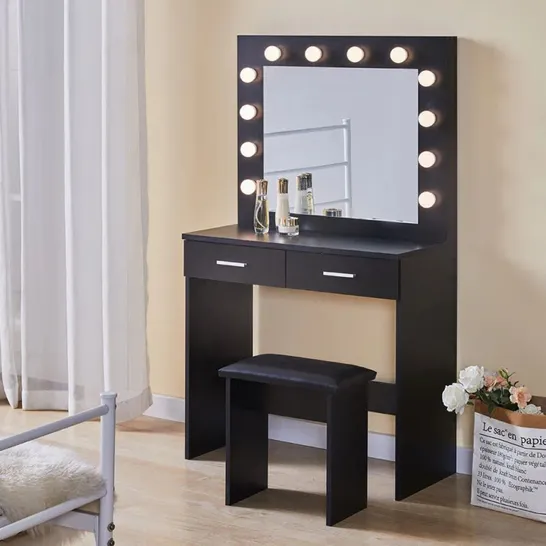 BOXED BLACK LED DRESSING TABLE SET MAKEUP DESK DRESSER LARGE MIRROR STOOL 2 DRAWERS