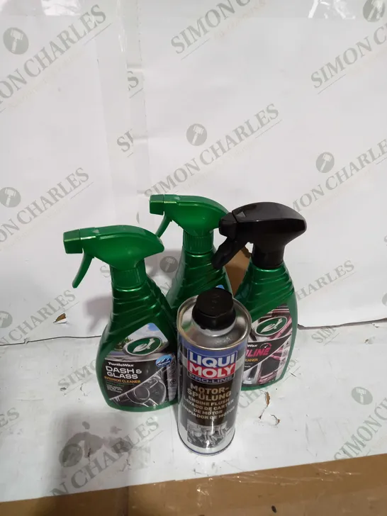 LOT OF 8 CAR CLEANING PRODUCTS TOO INCLUDE WHEEL CLEANER AND ENGINE FLUSH 