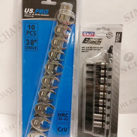 BOX OF 2 ITEMS TO INCLUDE SEALEY PREMIER BLACK AK7986 3/8" DRIVE HEX KEY SOCKET BIT SET AND US PRO 3/8" DR. METRIC CROWFOOT WRENCH SET