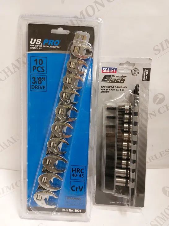 BOX OF 2 ITEMS TO INCLUDE SEALEY PREMIER BLACK AK7986 3/8" DRIVE HEX KEY SOCKET BIT SET AND US PRO 3/8" DR. METRIC CROWFOOT WRENCH SET