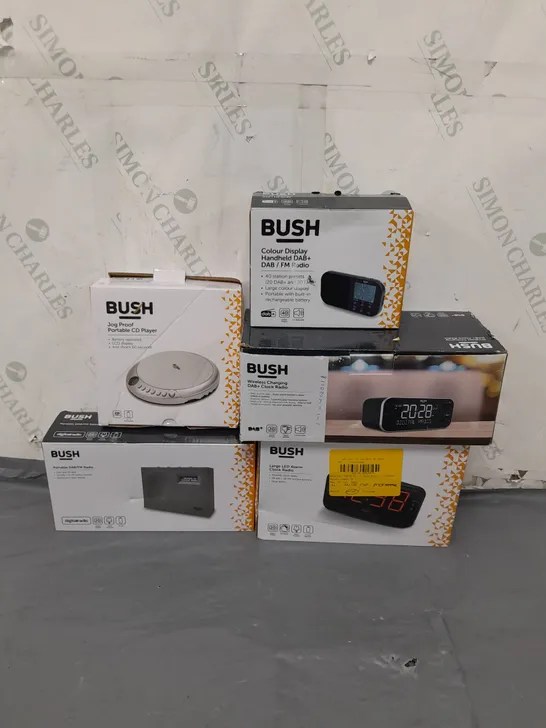 BOX OF APPROXIMATELY 15 ASSORTED ITEMS TO INCLUDE - BUSH PORTABLE CD PLAYER , RADIO , LED ALARM CLOCK RADIO ETC