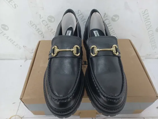 BOXED PAIR OF OUTLET DUNE GALLAGHER CHUNKY SNAFFLE TRIM LOAFERS IN BLACK - SIZE 8