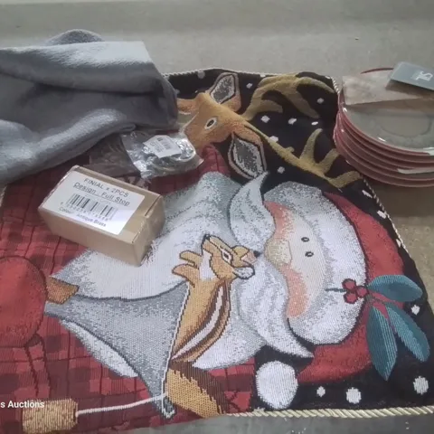 ASSORTED ITEMS, INCLUDING SIL DOOR STOP, 6 SAUCERS (DAMAGED), SANTA CUSHION COVERGREY CUSHION COVER, CURTAIN RINGS