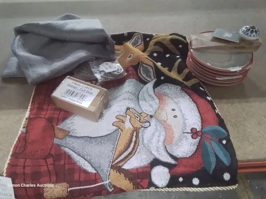 ASSORTED ITEMS, INCLUDING SIL DOOR STOP, 6 SAUCERS (DAMAGED), SANTA CUSHION COVERGREY CUSHION COVER, CURTAIN RINGS