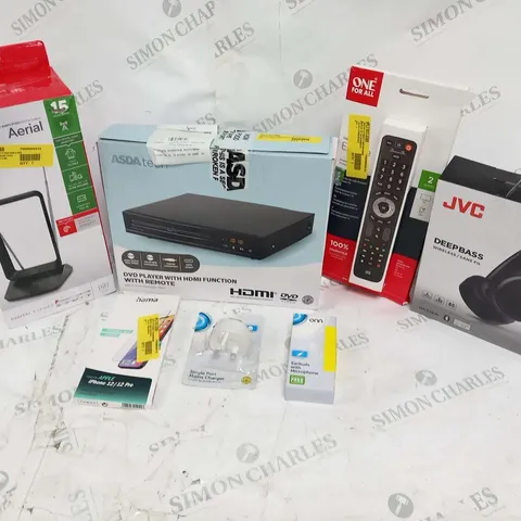 LARGE QUANTITY OF ASSORTED ELECTRICALS TO INCLUDE; ONE FOR ALL AERIAL, HAMA PROTECTIVE GLASS FOR APPLE IPHONE 12/12 PRO, DVD PLAYER WITH HDMI AND JVC DEEPBASS HEADPHONES