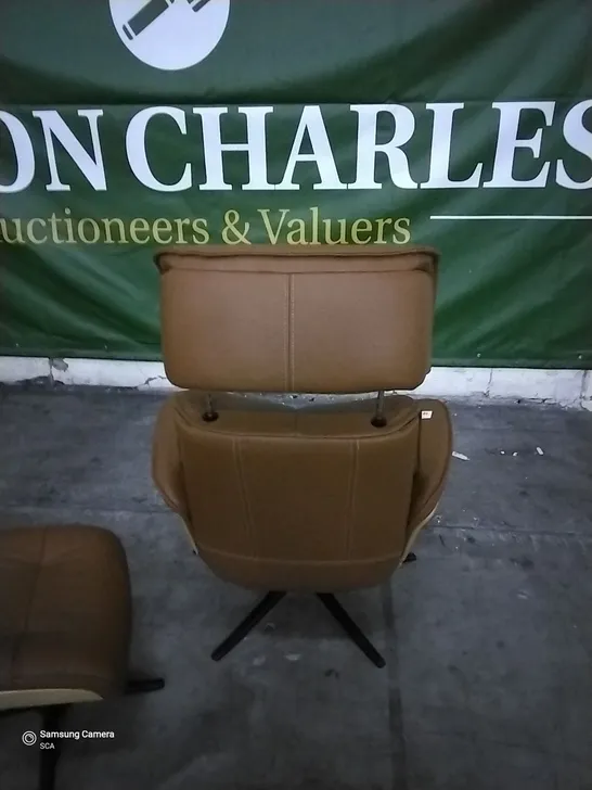 QUALITY BRITISH DESIGNER G PLAN LUND MAN RECLINER CHAIR AND FOOTSTOOL CAMBRIDGE TAN LEATHER