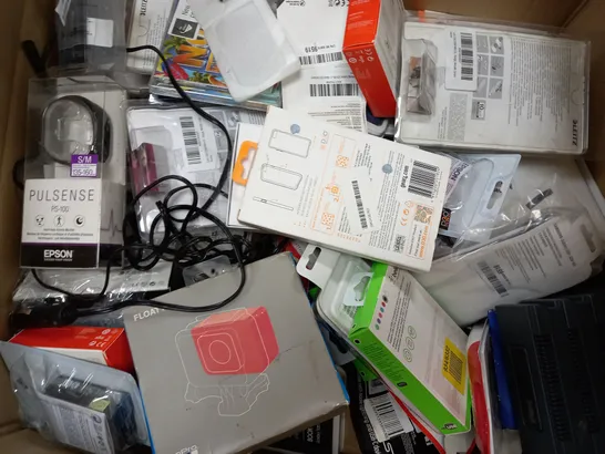 BOX OF APPROX 30 ASSORTED ITEMS TO INCLUDE - REXEL JOY , BELKIN USB TO LIGHTNING , BELKIN CAT5E NETWORKING CABLE ETC