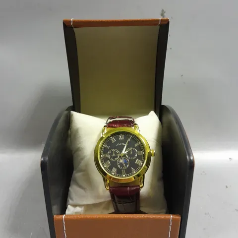 BOXED LA BANUS QUARTZ CHRONOGRAPH WATCH WITH BLACK DIAL & BURGUNDY STRAP