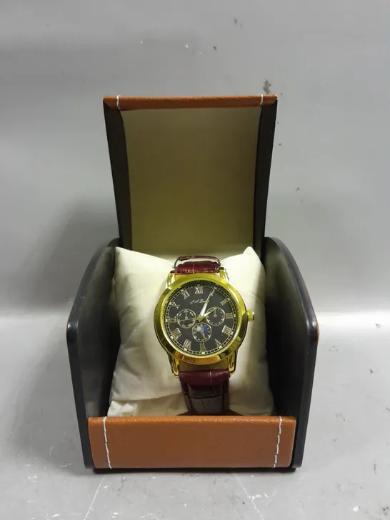 BOXED LA BANUS QUARTZ CHRONOGRAPH WATCH WITH BLACK DIAL & BURGUNDY STRAP