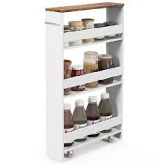 BOXED COSTWAY 4 TIER SLIM STORAGE CART WITH OPEN SHELVES AND WHEELS - COFFEE