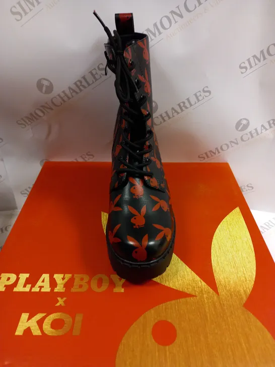 BOXED KOI FOOTWEAR THE ORNATE SOUL PLAYBOY RED HEELED BOOTS - 6