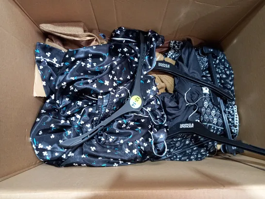 BOX OF ASSORTED CLOTHING ITEMS TOO INCLUDE JACKETS TOPS AND TROUSERS 