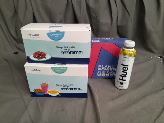 7 ASSORTED FOOD ITEMS TO INCLUDE THE 1:1 DIET SALTED CARAMEL BITES, BREAKFAST SMOOTHIE OATS, HUEL BANANA FLAVOURED FOOD DRINK AND ELEAT CHOCOLATE CEREAL POTS- COLLECTION ONLY