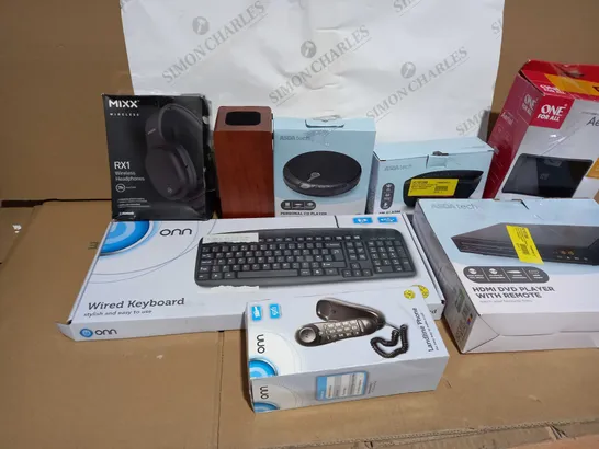 BOX OF APPROXIMATELY 22 ASSORTED ITEMS TO INCLUDE A PAIR OF RX1 WIRELESS HEADPHONES. A WIRED KEYBOARD, A PERSONAL CD PLAYER AND A HDMI DVD PLAYER WITH REMOTE 