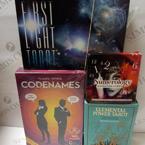 LOT OF ASSORTED ITEMS TO INCLUDE NUMEROLOGY DIVINATION CARDS, ELEMENTAL POWER TAROT CARDS, FIRST LIGHT TAROT CARDS, AND VLAADA CHVATIL CODENAMES WORD GAME