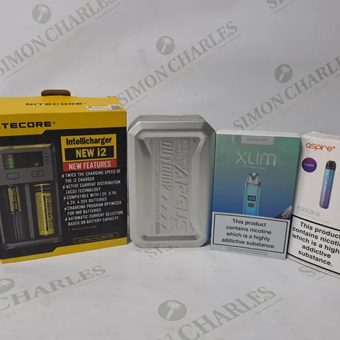 APPROXIMATELY 10 ASSORTED PRODUCTS TO INCLUDE VOOPOO ARGUS VAPE KIT, NITECORE INTELLICHARGER NEW I2, OXVA XLIM VAPE KIT 