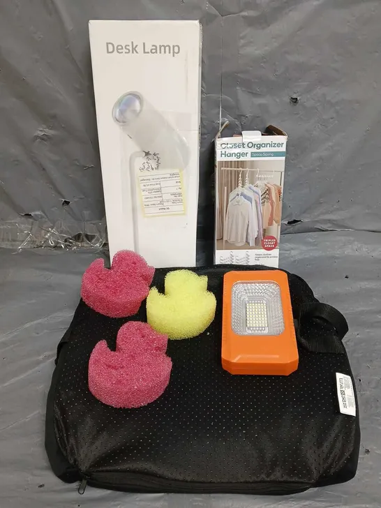 BOX OF APPROXIMATELY 5 ASSORTED HOUSEHOLD ITEMS TO INCLUDE - CLOSET ORGANIZER HANGER - DUCK DISH SCRUBBERS - DESK LAMP - ETC