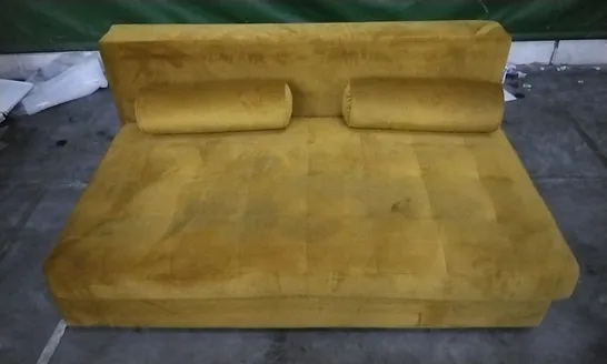 DESIGNER MUSTARD PLUSH VELVET SMALL SOFABED WITH STROLL CUSHIONS (SIDES MISSING)