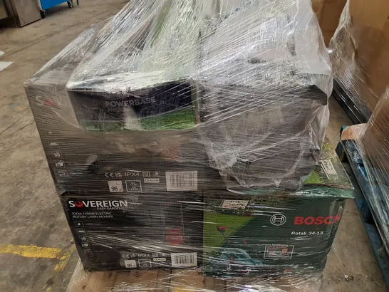 PALLET OF ASSORTED GARDEN TOOL ITEMS TO INCLUDE SOVEREIGN ROTARY LAWN MOWER,GRASS TRIMMERS AND POWERBASE MINI CHAINSAW