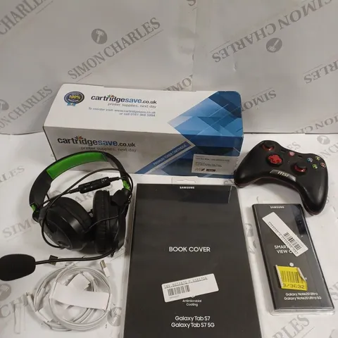 APPROXIMATELY 10 ASSORTED ELECTRICAL PRODUCTS TO INCLUDE WIRED GAMING HEADSET, GALAXY TAB S7 COVER, MSI WIRELESS CONTROLLER ETC