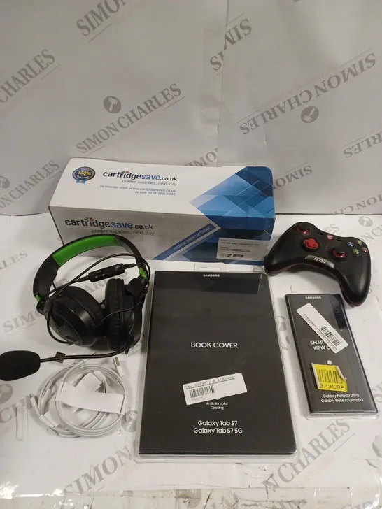 APPROXIMATELY 10 ASSORTED ELECTRICAL PRODUCTS TO INCLUDE WIRED GAMING HEADSET, GALAXY TAB S7 COVER, MSI WIRELESS CONTROLLER ETC