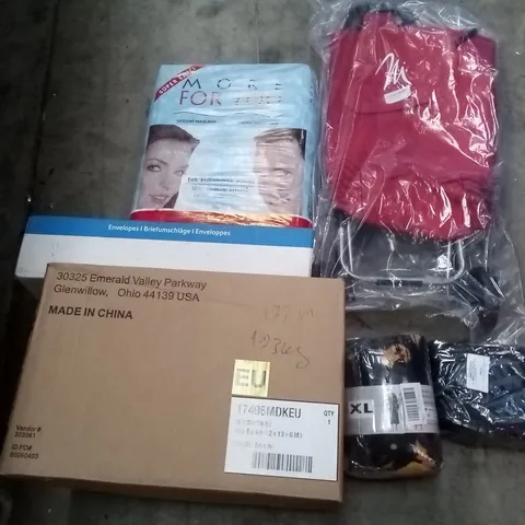 PALLET OF ASSORTED ITEMS INCLUDING M-DESIGN WIRE BASKET, MORE FOR YOU DISPOSABLE TOWEL, RED SHOPPING TROLLEY, PITNEY BOWES ENVELOPES, RONGTAI BATHROBES 