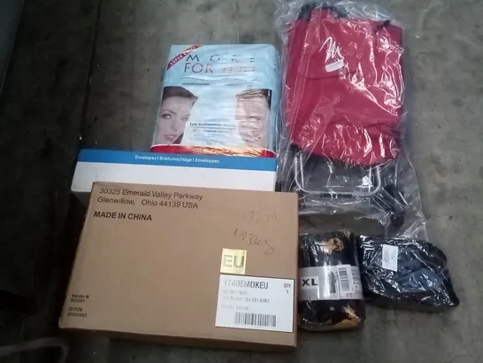 PALLET OF ASSORTED ITEMS INCLUDING M-DESIGN WIRE BASKET, MORE FOR YOU DISPOSABLE TOWEL, RED SHOPPING TROLLEY, PITNEY BOWES ENVELOPES, RONGTAI BATHROBES 