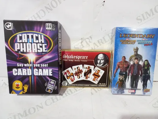 BOX OF APPROXIMATELY 15 ASSORTED TOYS AND GAMES TO INCLUDE MARVEL DECK BUILDING GAME, SHAKESPEARE PLAYING CARDS, CATCHPHRASE CARD GAME, ETC