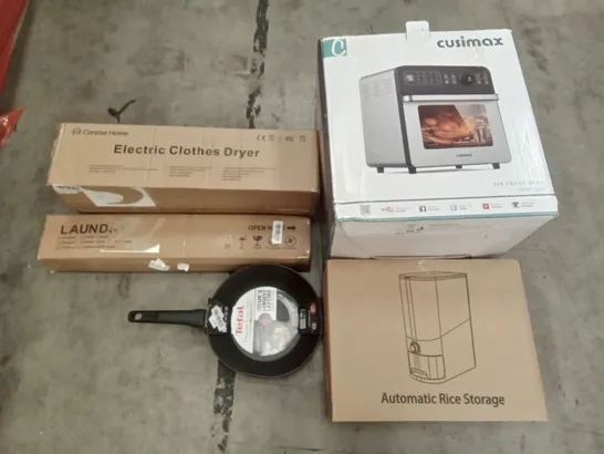 PALLET OF ASSORTED ITEMS INCLUDING CUSIMAX AIR FRYER OVEN, AUTOMATIC RICE STORAGE, ELECTRIC CLOTHES DRYER, TEFAL STIRFRY PAN, 3 TIER LAUNDRY HAMPER 