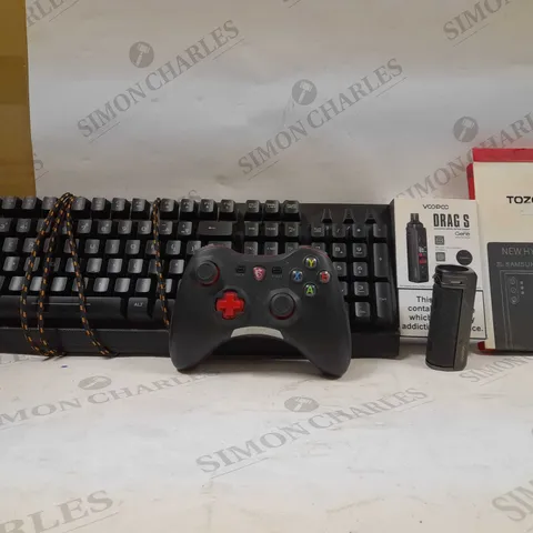 LOT OF APPROX 20 ASSORTED ITEMS TO INCLUDE - MSI CONTROLLER - VOOPOO DRAG S - ADX KEYBOARD ECT