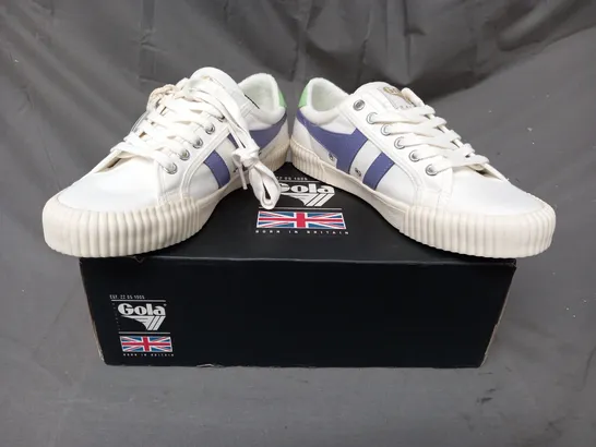 BOXED PAIR OF GOLA RALLY SHOES IN WHITE/LAVENDER/PATINA GREEN UK SIZE 6