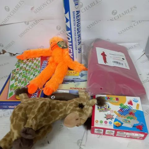 LARGE BOX OF ASSORTED TOYS AND GAMES TO INCLUDE TEDDIES, BOARD GAMES AND SHUTTLECOCKS