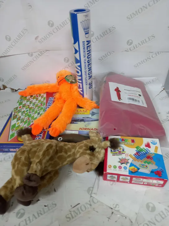 LARGE BOX OF ASSORTED TOYS AND GAMES TO INCLUDE TEDDIES, BOARD GAMES AND SHUTTLECOCKS