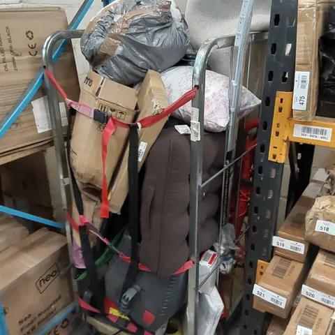 CAGE OF ASSORTED CONSUMER PRODUCTS, TOOLS, CARPET CUT OFFS ECT. (CAGE NOT INCLUDED)