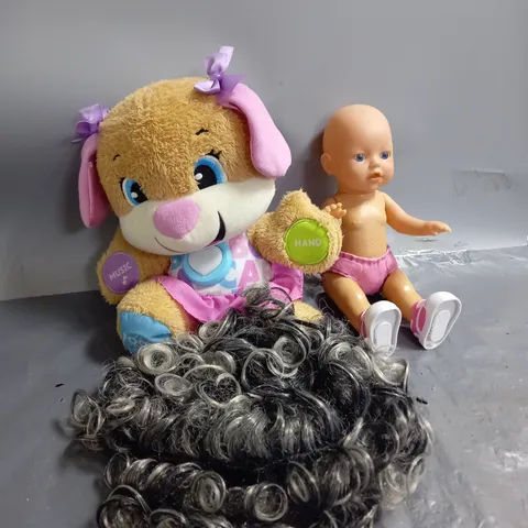 APPROXIMATELY 10 ASSORTED BABY TOYS TO INCLUDE BABY DOLL, WIG, PLUSHIES, ETC