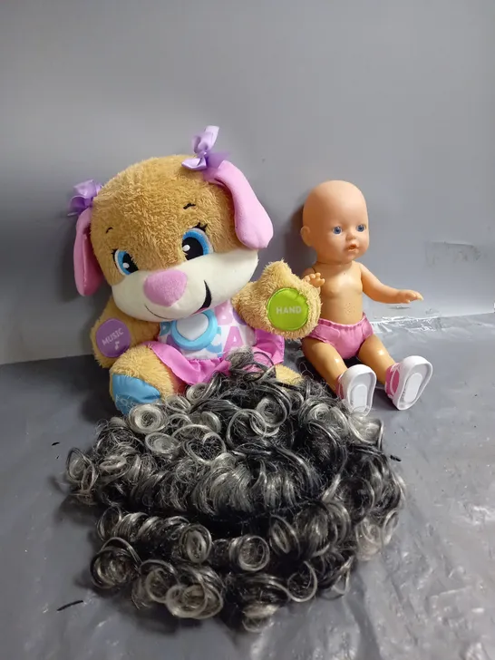 APPROXIMATELY 10 ASSORTED BABY TOYS TO INCLUDE BABY DOLL, WIG, PLUSHIES, ETC